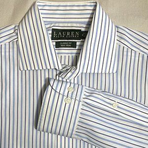 Lauren Ralph Lauren Mens Sz 15 Blue Stripe‎ Cotton Classic Fit Long Sleeve Shirt